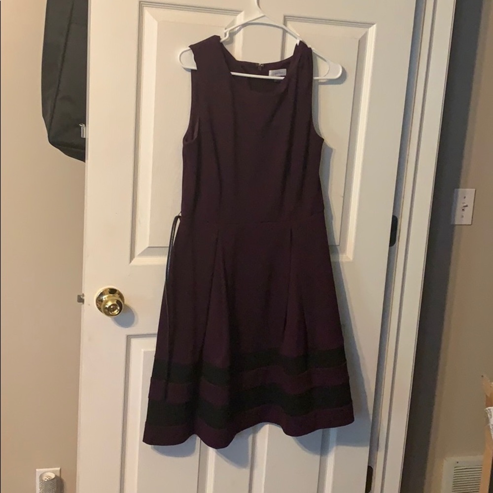Plum sleeveless swing dress with belt